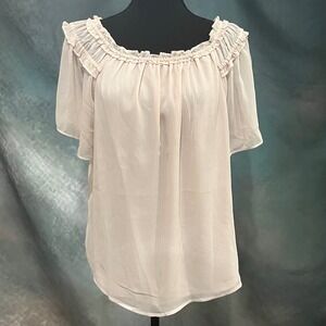 DKNY Womens Off The Shoulder Ruffle Blouse Blush‎ Pink Chiffon Top Medium New